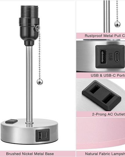 Dicoool Pink Bedroom Lamp for Bedside - 3 Color Temperatures Desk Lamp with USB C and A Ports, Pull Chain Table Lamp with AC Outlet, Nightstand Lamp with Silver Metal Base for Kids Girls - LeafyLoom