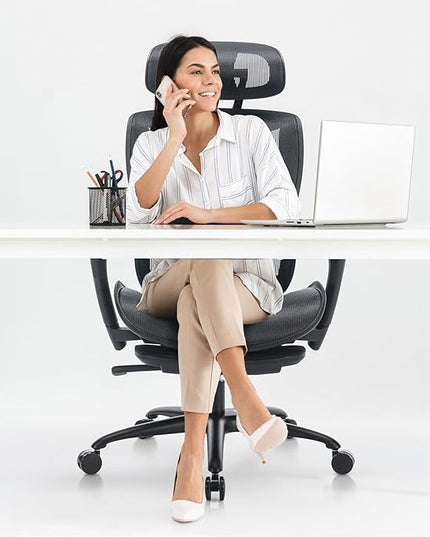Ergonomic Mesh Office Chair with Footrest, Executive High Back Computer Desk Chair with Wide Headrest and Adjustable 3D Arms, Backrest, Tilt Lock and Lumbar Support-Black - LeafyLoom