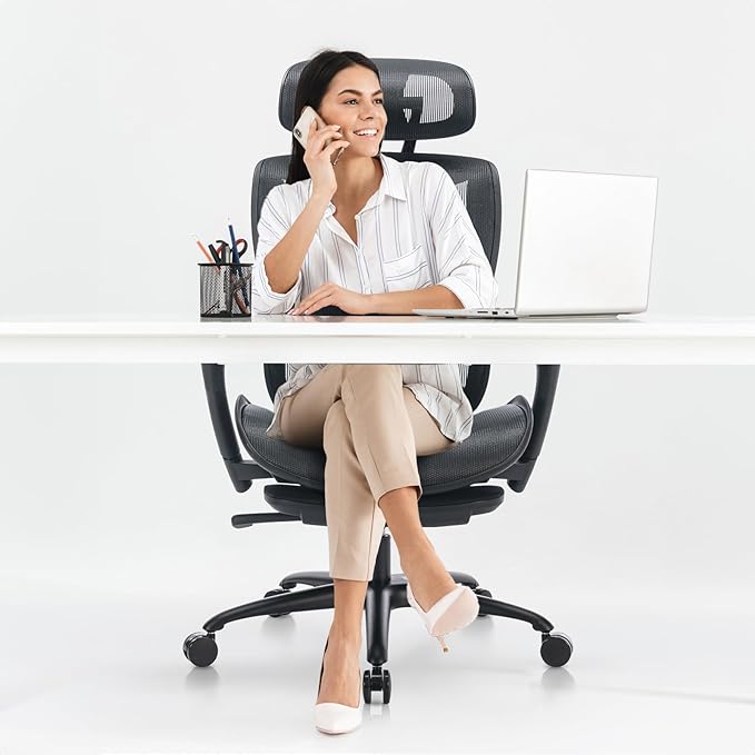 Ergonomic Mesh Office Chair with Footrest, Executive High Back Computer Desk Chair with Wide Headrest and Adjustable 3D Arms, Backrest, Tilt Lock and Lumbar Support-Black - LeafyLoom