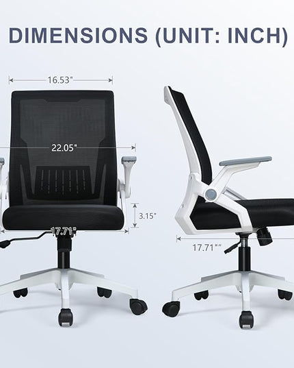 COMHOMA Office Chair with Flip-up Armrests Ergonomic Computer Desk Chair Foldable Mesh Task Chair with Wheels Adaptive Lumbar Support Swivel Tilt Comfortable Study Chair for Student, White - LeafyLoom