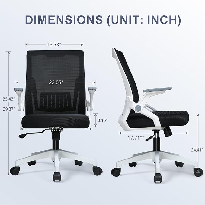 COMHOMA Office Chair with Flip-up Armrests Ergonomic Computer Desk Chair Foldable Mesh Task Chair with Wheels Adaptive Lumbar Support Swivel Tilt Comfortable Study Chair for Student, White - LeafyLoom