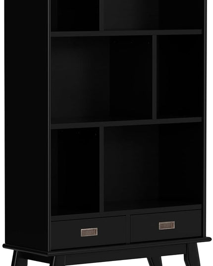 SIMPLIHOME Draper SOLID HARDWOOD 64 inch x 35 inch Mid Century Modern Wide Bookcase and Storage Unit in Black for The Living Room, Study Room and Office - LeafyLoom