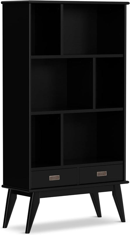 SIMPLIHOME Draper SOLID HARDWOOD 64 inch x 35 inch Mid Century Modern Wide Bookcase and Storage Unit in Black for The Living Room, Study Room and Office - LeafyLoom