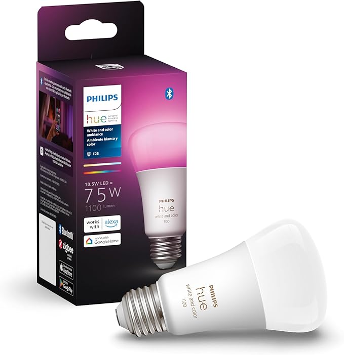 Philips Hue Smart 75W A19 LED Bulb - White and Color Ambiance Color-Changing Light - 1 Pack - 1100LM - E26 - Indoor - Control with Hue App - Works with Alexa, Google Assistant and Apple Homekit PhilipsHue