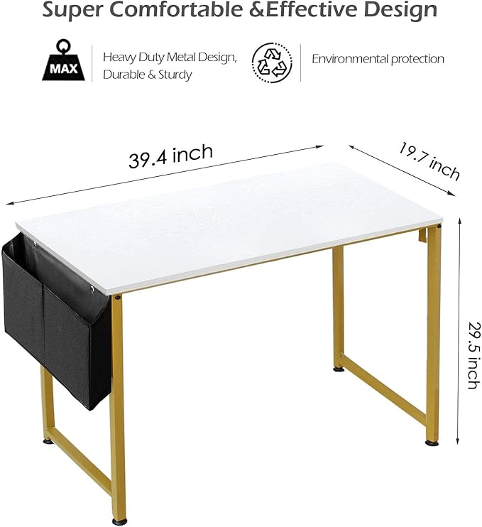 Lufeiya Computer Desk Small White Gold Writing Table for Home Office Compact Spaces 39 Inch Modern Student Study Desk,White Gold - LeafyLoom