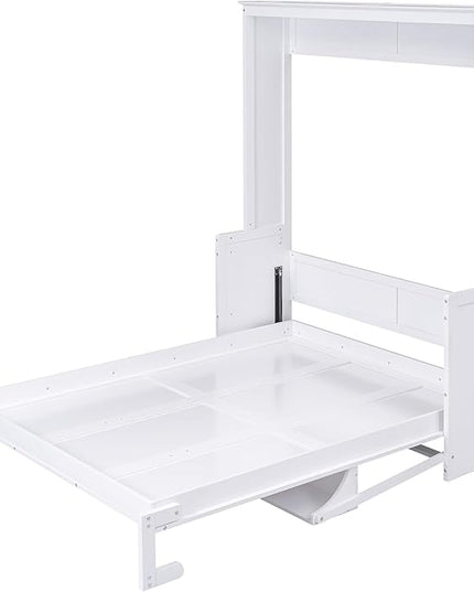 Queen Size Murphy Bed with Shelf, Queen Wall Bed Storage Bed for Guestroom, Office, Space-Saving Design Murphy Bed Frame, No Spring Box Needed, White - LeafyLoom