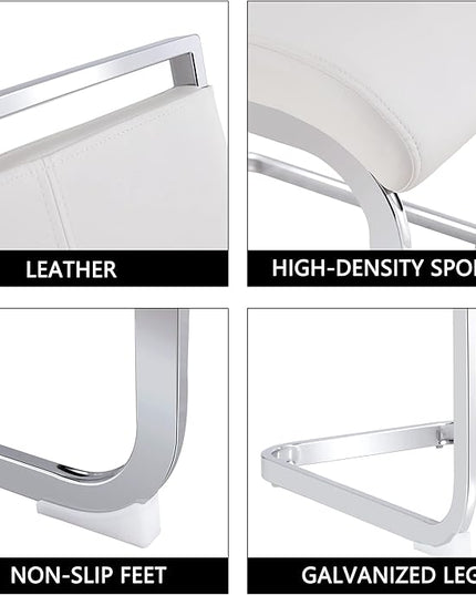 Dining Chairs Set, Kitchen Modern Metal Chairs with Faux Leather Padded Seat High Back and Sturdy Chrome Legs, Chairs for Dining Room (White, Set of 2) - LeafyLoom