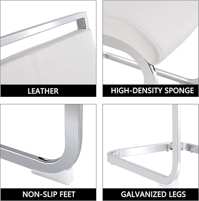 Dining Chairs Set, Kitchen Modern Metal Chairs with Faux Leather Padded Seat High Back and Sturdy Chrome Legs, Chairs for Dining Room (White, Set of 2) - LeafyLoom