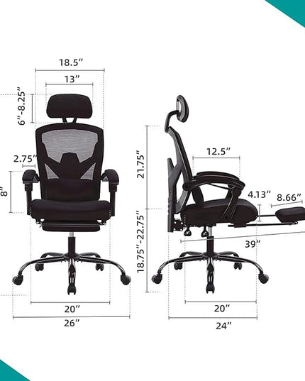 edx Ergonomic Office Chair, Reclining High Back Mesh Computer Desk Swivel Rolling Home Task Chair with Lumbar Support Pillow, Adjustable Headrest, Retractable Footrest and Padded Armrests, Black - LeafyLoom