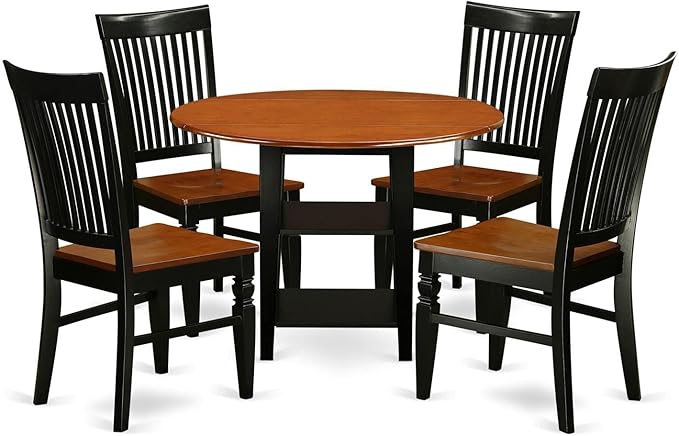 East West Furniture SUWE5-BCH-W 5 Piece Set Includes a Round Dining Room Table with Dropleaf & Shelves and 4 Kitchen Chairs, 42x42 Inch, Black & Cherry - LeafyLoom