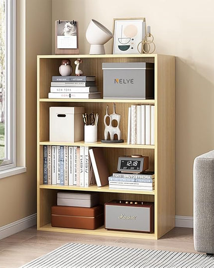 Basic Open Shelf Bookcase - 4-Tier Wooden Cube Storage Shelves Split Bookshelf, Oak - LeafyLoom