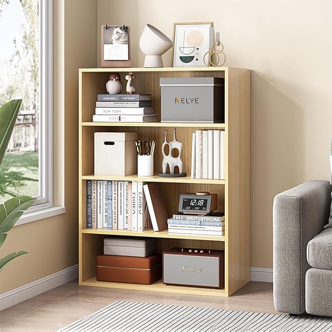 Basic Open Shelf Bookcase - 4-Tier Wooden Cube Storage Shelves Split Bookshelf, Oak - LeafyLoom