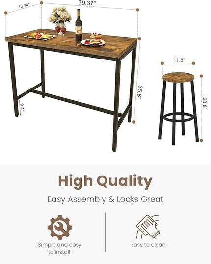 Recaceik 3 Piece Pub Dining Set, Modern bar Table and Stools for 2 Kitchen Counter Height Wood Top Bistro Easy Assemble for Breakfast Nook Living Room Small Space Restaurant, Rustic Brown 39” - LeafyLoom