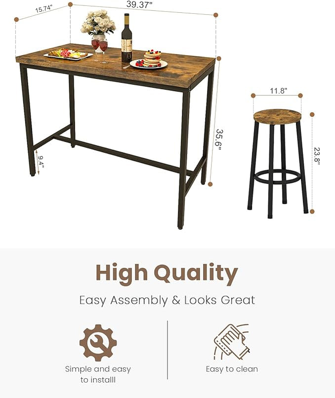 Recaceik 3 Piece Pub Dining Set, Modern bar Table and Stools for 2 Kitchen Counter Height Wood Top Bistro Easy Assemble for Breakfast Nook Living Room Small Space Restaurant, Rustic Brown 39” - LeafyLoom
