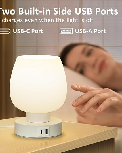 Touch Bedside Table Lamp - Small Lamp for Bedroom with USB C+A Charging Ports 3 Way Dimmable, Nightstand Desk lamp with White Opal Glass Lamp Shade Warm LED Bulb Included, Simple Design Gifts - LeafyLoom
