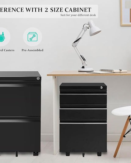 2-Drawer Mobile File Cabinets Rolling Metal Filing Cabinet for Legal & Letter File Anti-tilt Design with Lock Under Desk Office Drawers Fully Assembled Except Casters Black - LeafyLoom
