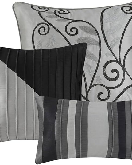 Madison Park Amherst Faux Silk Comforter Set-Casual Contemporary Design All Season Down Alternative Bedding, Matching Shams, Bedskirt, Decorative Pillows, King(104"x92"), Black, 7 Piece (MP10-226) - LeafyLoom