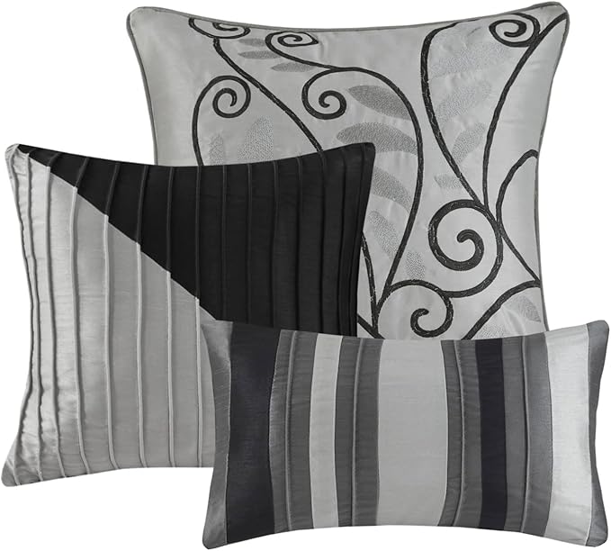 Madison Park Amherst Faux Silk Comforter Set-Casual Contemporary Design All Season Down Alternative Bedding, Matching Shams, Bedskirt, Decorative Pillows, Queen(90"x90"), Black, 7 Piece (MP10-225) - LeafyLoom