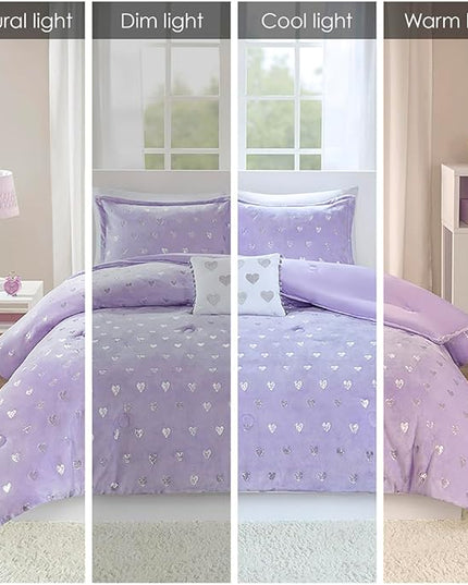 Mi Zone Rosalie Comforter Set for Girls, Ultra-Soft Microlight Plush Metallic Printed Hearts Brushed Reverse Overfilled Down Alternative Hypoallergenic All Season, Full/Queen, Purple/Silver, 4 Piece - LeafyLoom
