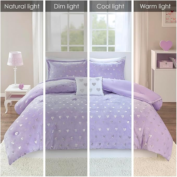 Mi Zone Rosalie Comforter Set for Girls, Ultra-Soft Microlight Plush Metallic Printed Hearts Brushed Reverse Overfilled Down Alternative Hypoallergenic All Season, Twin/Twin XL, Purple/Silver, 3 Piece - LeafyLoom
