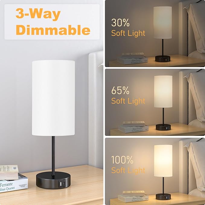 AKASUKI Table Lamp for Bedroom, 3 Way Dimmable Touch Lamp with Dual Charging Station, Small Bedside Lamps for Night Stands, Living Room, Office(LED Bulb Included) - LeafyLoom