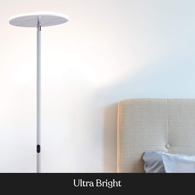 Brightech Sky Flux Dimmable LED Floor Lamp – Super Bright Floor Lamp for Living Room and Offices – Torchiere Standing Lamp with 3 Light Options, Tall Lamp for Bedroom Reading and More - White - LeafyLoom