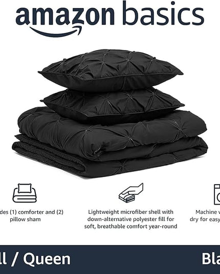 Amazon Basics All-Season Down-Alternative Comforter 3-Piece Bedding Set, Pinch Pleat, Full/Queen, Black, Geometric - LeafyLoom