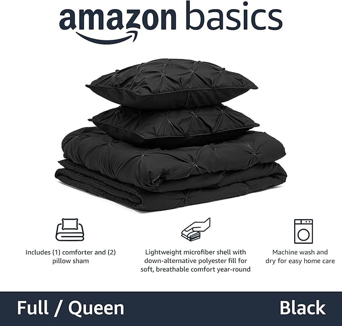 Amazon Basics All-Season Down-Alternative Comforter 3-Piece Bedding Set, Pinch Pleat, Full/Queen, Black, Geometric - LeafyLoom