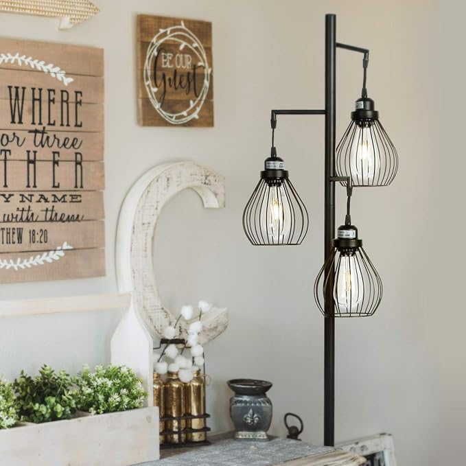 Brightech Teardrop LED Floor Lamp – Tree Standing Lamp with 3 Elegant Cage Heads & Edison Bulbs – Standing Lamp for Living Rooms & Offices – Tall Standing Lamp Ideal for Bedroom Reading – Black - LeafyLoom