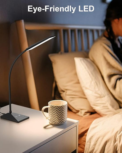 LED Desk Lamp Eye-Caring Table Lamps with USB Charging Port,7 Brightness Levels & 5 Color Modes,Touch Control and Memory Function, Flexible Gooseneck Reading Lamp for Home Office, Black - LeafyLoom