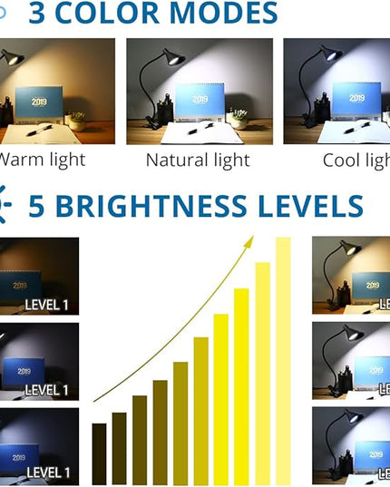 Semlos LED Reading Light, Clamp Lamp 3 Color Modes 5 Brightness, Clip Ligh for Desk Bedside Table, 5W USB Powered, Flexible Arm(Black) - LeafyLoom