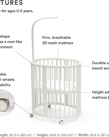 Stokke Sleepi Mini Bundle, White - includes Crib/Bed, Mattress & Drape Rod - Suitable for Ages 0-5 Years Old - Adjustable & Stylish - LeafyLoom