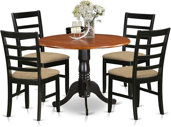 East West Furniture DLPF5-BCH-C Dublin 5 Piece Kitchen Set Includes a Round Dining Room Table with Dropleaf and 4 Linen Fabric Upholstered Chairs, 42x42 Inch, Black & Cherry - LeafyLoom