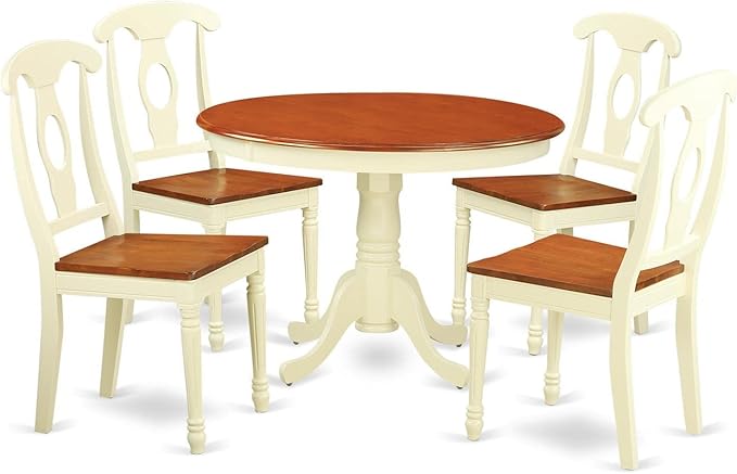 East West Furniture HLKE5-BMK-W 5 Piece Kitchen Table Set for 4 Includes a Round Dining Table with Pedestal and 4 Dining Room Chairs, 42x42 Inch, Buttermilk & Cherry - LeafyLoom