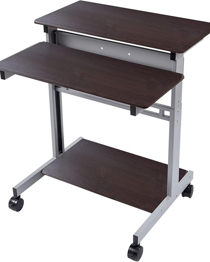 Stand Up Desk Store Rolling Adjustable Height Two Tier Standing Desk Computer Workstation (Silver Frame/Dark Walnut Top, 32" Wide) - LeafyLoom