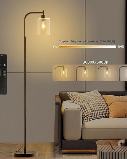 PAZZO LED Floor Lamp, Industrial Standing Lamp with Glass Lampshade, Ideal for Living Room, Bedroom, and Office,Brown(includes Remote Control) - LeafyLoom
