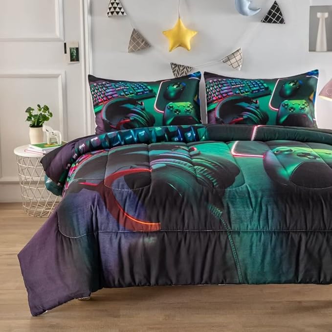 Gamer Comforter Sets for Teen Boys,Gaming Bedding Sets Queen,Video Game Bedspread,Game Gamepad Bed Set,Controller Bedding Gamer Home Decor 3 Piece 1 Comforter and 2 Pillowcases - LeafyLoom