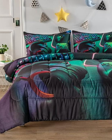Gamer Comforter Sets for Teen Boys,Gaming Bedding Sets Full,Video Game Bedspread,Game Gamepad Bed Set,Controller Bedding Gamer Home Decor 3 Piece 1 Comforter and 2 Pillowcases - LeafyLoom