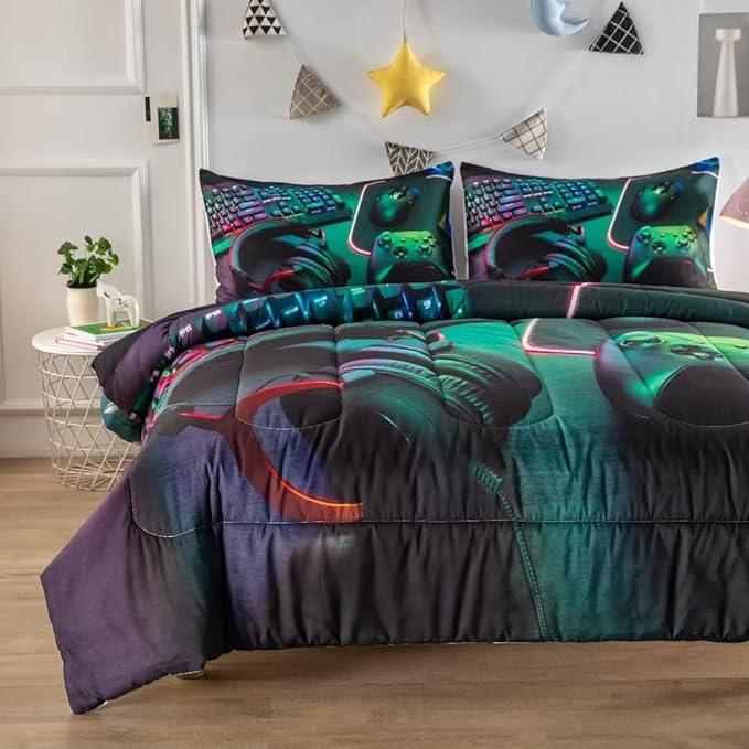 Gamer Comforter Sets for Teen Boys,Gaming Bedding Sets Full,Video Game Bedspread,Game Gamepad Bed Set,Controller Bedding Gamer Home Decor 3 Piece 1 Comforter and 2 Pillowcases - LeafyLoom
