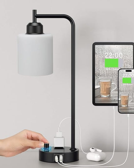 Industrial Bedroom Table Lamps for Bedside - White Opal Glass Shade Desk Lamps with USB C Port, Fully Dimmable Black Lamps with USB Port and Outlet, Reading Nightstand Lamp for Office Living Room - LeafyLoom