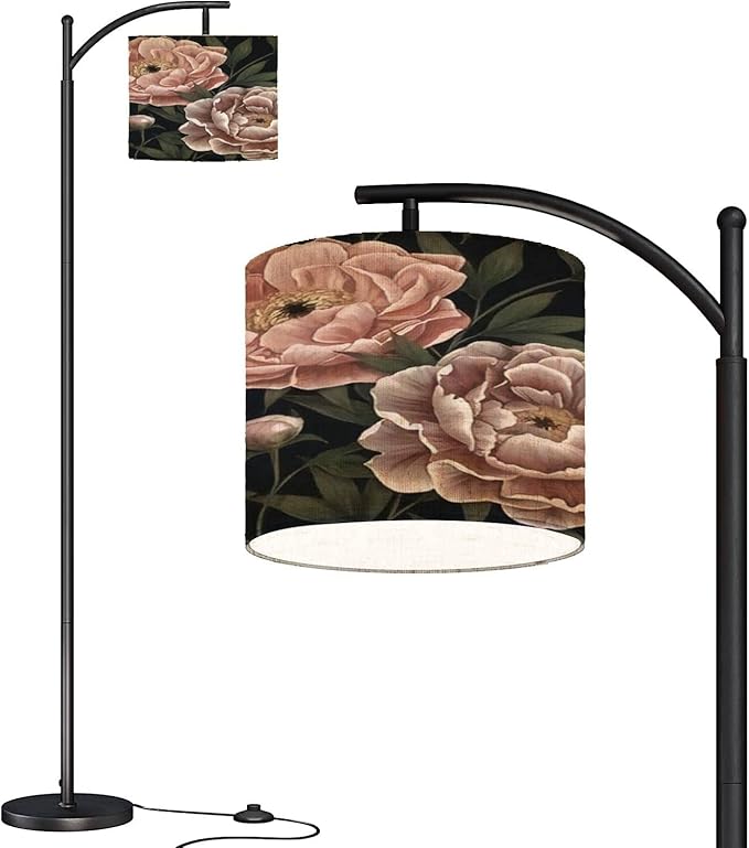 Modern Arc Floor Lamp with Dimmer Mid Century Floral seamless Botanical realistic peonies dark Vintage hand drawn Metal Standing Lamp with Linen Shade Footswitch for Living Room Bedroom Office - LeafyLoom