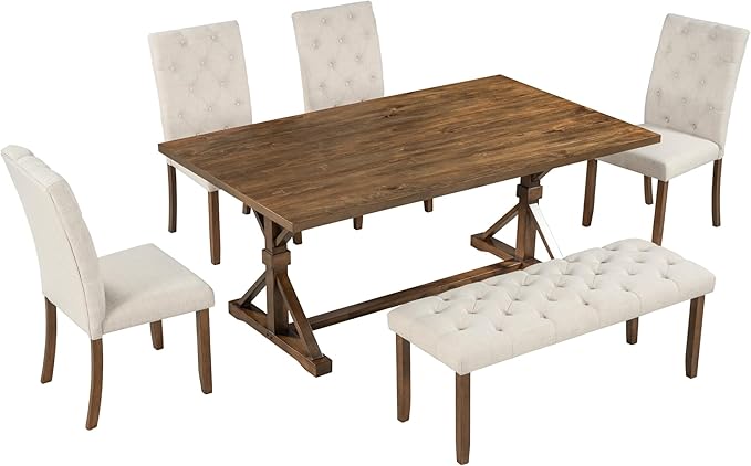 6-Piece Retro Wood Dinette Sets Rectangular Kitchen Dining Table, 4 Upholstered Chairs & Bench, for Diningroom Living Room, Easy to Assemble, Walnut - LeafyLoom