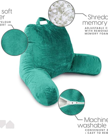 Milliard Reading Pillow with Shredded Memory Foam, Large Adult Backrest with Arms, Back Support for Sitting Up in Bed with Washable Cover (Sit up Pillow) Teal - LeafyLoom