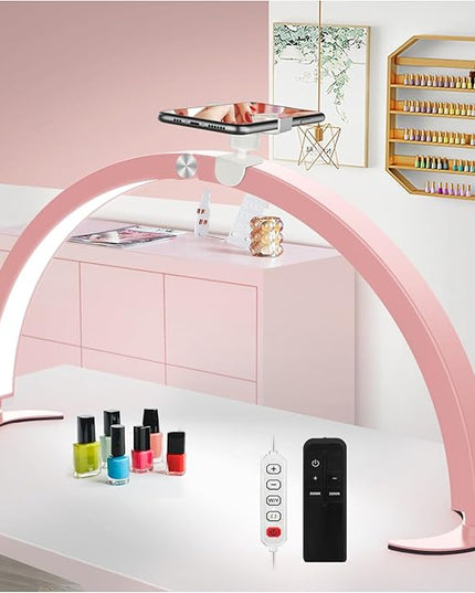 yAyusi Half Moon Light for Nail Desk with Phone Holder, 29In 40W Nail Tech Light, Nail Table Lamp with Wire Controller & Remote, 7 Color Modes, 10 Brightness for Beauty/Eyelashes/Tattoos - LeafyLoom