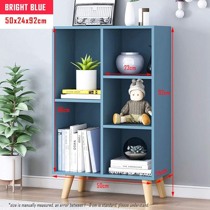 IOTXY Wooden Open Shelf Bookcase - 3-Tier Floor Standing Display Cabinet Rack with Legs, 5 Cubes Bookshelf, Bright Blue - LeafyLoom