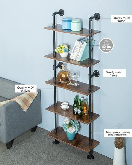 5 Tier 67inch Industrial Pipe Shelving, Shelves Shelf Rustic Tier Black in - LeafyLoom