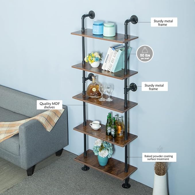 5 Tier 67inch Industrial Pipe Shelving, Shelves Shelf Rustic Tier Black in - LeafyLoom