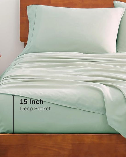 LANE LINEN RV Queen Sheets Set - 100% Organic Cotton 15" Deep Pocket Fitted Camper Sheets - (Short Queen, Cool Blue) - LeafyLoom
