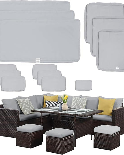 ClawsCover 13Pack Outdoor Seat and Back Cushions Replacement Covers Fit for 7Pieces Wicker Rattan Patio Furniture Set Sectional Couch with Dining Table and Ottoman,Gray-Include Cover Only - LeafyLoom