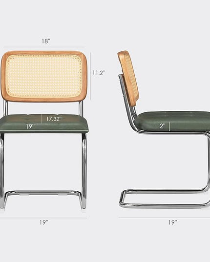 Farini Kitchen Dining Chairs Set of 2,Mid-Century Modern Chair Armless Mesh Backrest Cane Rattan Chairs for Home Dining Room(Blackish Green,PU Leather) - LeafyLoom